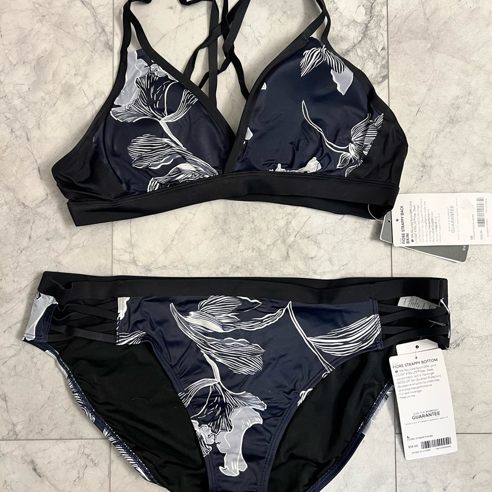 Athleta Two Piece Navy Swimsuit with White Floral Print, sizes: M top, L bottom